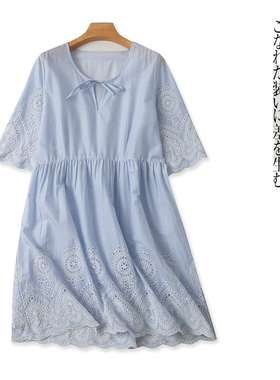 刺绣连衣裙 夏季新款女装时尚圆领镂空系带套头短袖条纹短裙28930