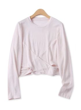 针织露腰T恤  春秋新外贸女装时尚修身圆领套头长袖短款大码30854