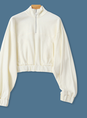 棉混纺加绒卫衣  秋季新款外贸女装半开领立领套头长袖短款32233