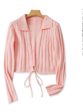 开衫系带毛衣  秋冬新款外贸女装时尚减龄翻领长袖短款毛衣27041