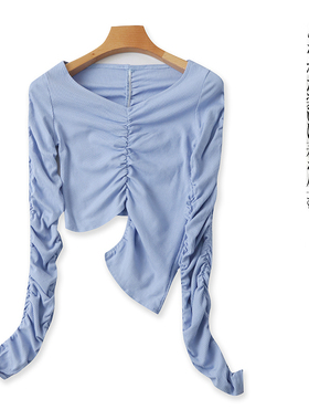 褶皱打底T恤  春秋新款女装时尚V领套头长袖不对称内搭外穿27879