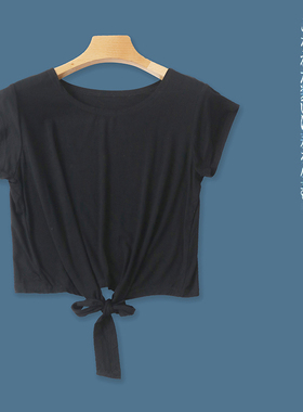 短款系带T恤 夏季新款外贸女装简约百搭圆领套头短袖薄款T恤28859