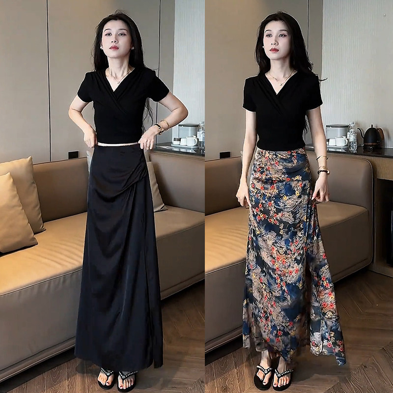 夏天时尚气质套装裙女2025新款修身短袖T恤高腰开叉半身裙两件套,女装/女士精品,时尚套装,淘宝优惠券,粉丝福利购,淘宝优惠卷