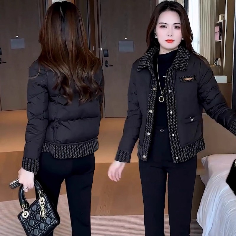 小香风翻领棉服女士冬季