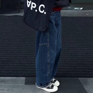 复古弯刀阔腿牛仔裤女2025秋冬新款深蓝色宽松高腰加绒直筒长裤子