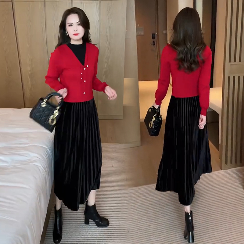 假两件拼接连衣裙女中长款