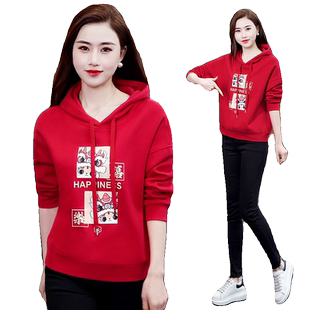 红色卫衣女士连帽2025今年流行新款早春爆款高端休闲洋气减龄外套