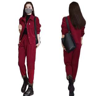 小个子加绒加厚休闲运动套装女装2025冬季新款红色洋气减龄两件套