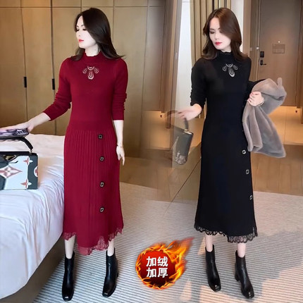 针织连衣裙女中长款秋冬季2025新款爆款时尚洋气加绒加厚长袖裙子