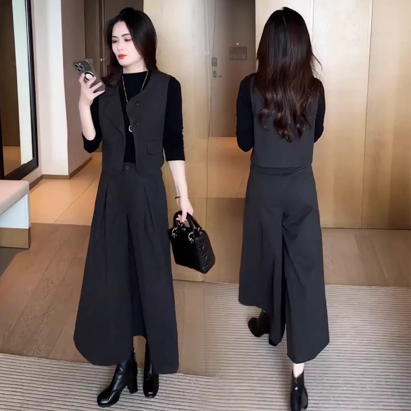 2026超火减龄套装女士春装高级感时尚气质马甲打底衫阔腿裤三件套