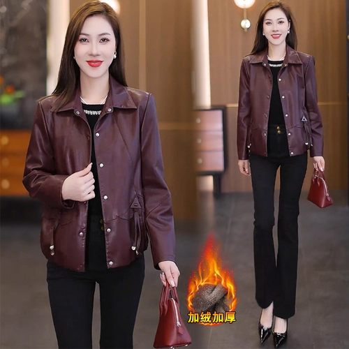 翻领皮衣外套女加绒加厚