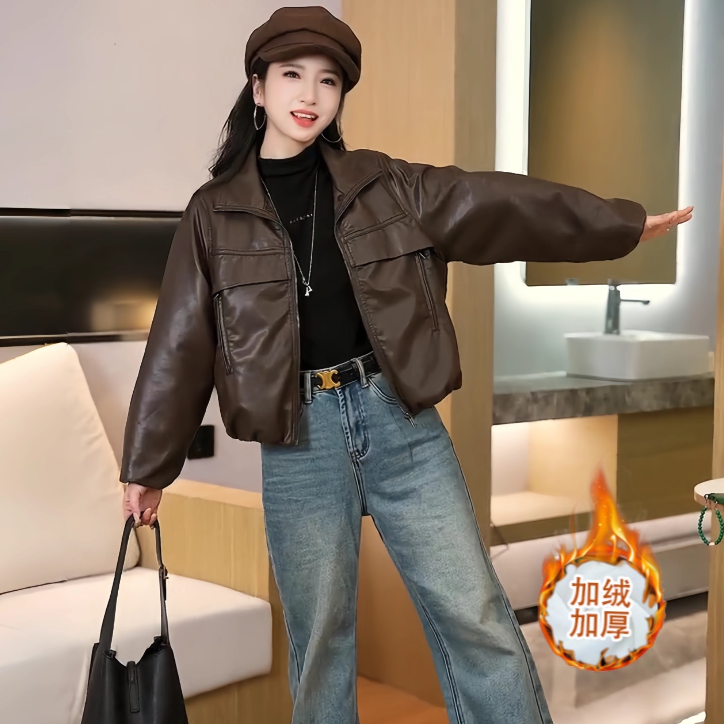 加绒加厚短款皮衣外套女士秋冬