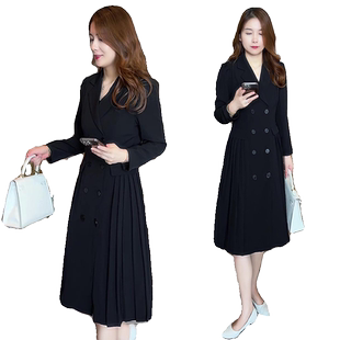 西装连衣裙女春秋2026新款中长款时尚气质职业装百褶显瘦a字裙子