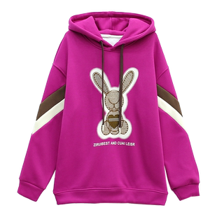 带帽子套头卫衣加绒加厚女款2025年新款秋冬季中长款兔子卡通上衣