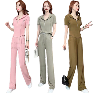 短袖运动套装女小个子夏季2026新款修身显瘦阔腿裤时尚休闲两件套