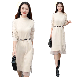 针织连衣裙女中长款假两件2025秋冬新款时尚洋气内搭收腰毛衣裙子