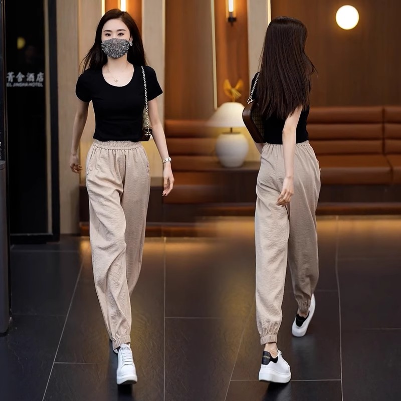 冰丝休闲哈伦裤女夏季薄款2025新款松紧高腰宽松显瘦束脚运动裤子