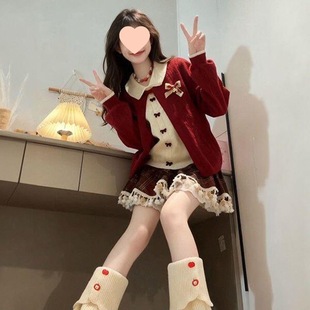 圣诞战袍甜妹约会红色蝴蝶结假两件毛衣外套开衫女生冬季格纹短裙