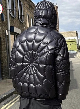 欧美潮牌23冬新款漫威蜘蛛网连帽短款羽绒服加厚保暖休闲男女外套