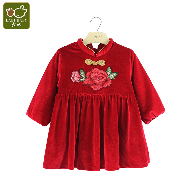 拉比唐装裙过年衣服新年装加厚婴儿加绒保暖女宝宝周岁礼服唐装冬