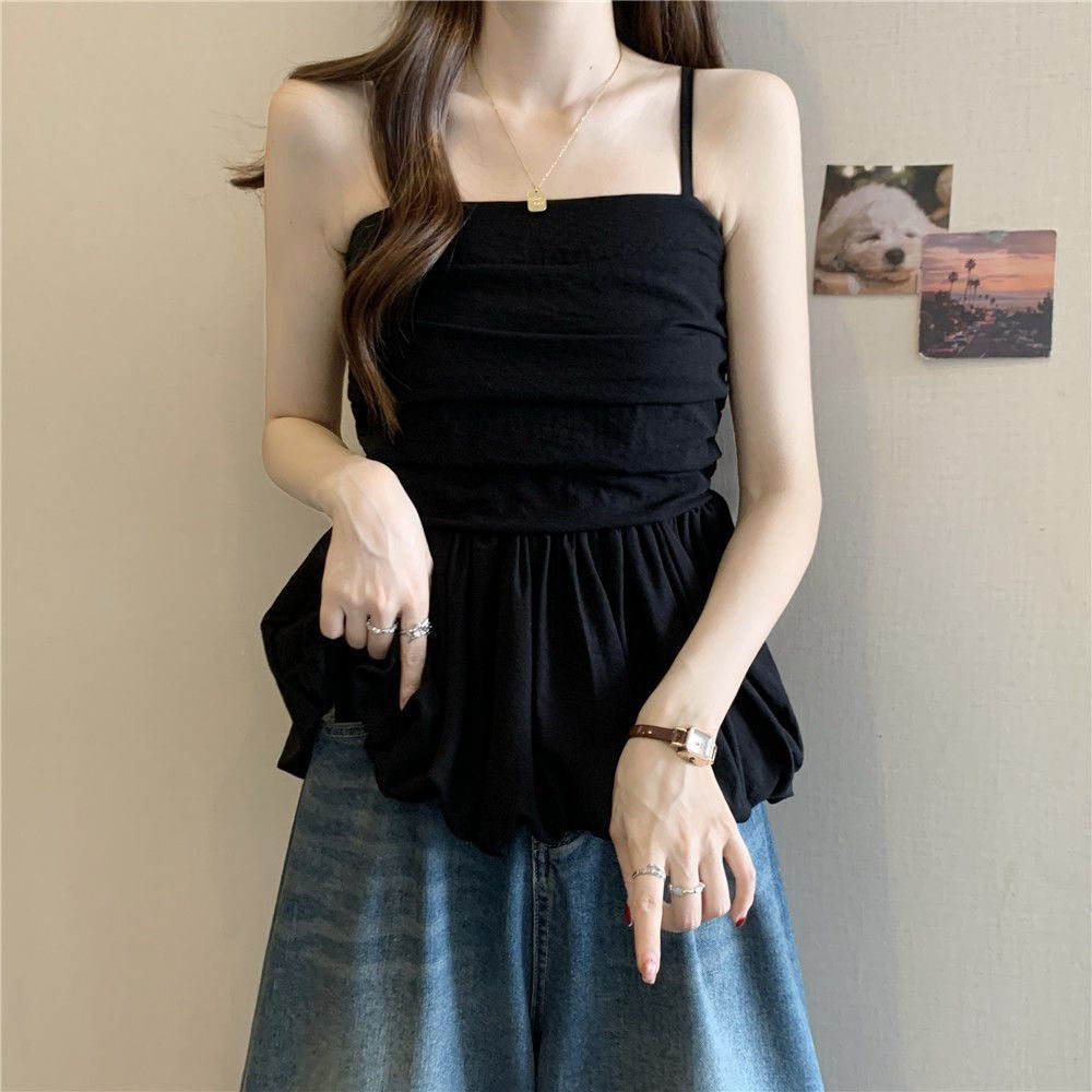 新款法式无袖吊带背心女2026夏外穿褶皱收腰设计感抹胸一字肩上衣