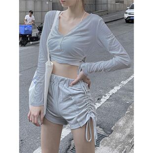超短热裤 套装 上衣 防晒设计感短款 女两件套 女春秋韩系纯欲薄长袖
