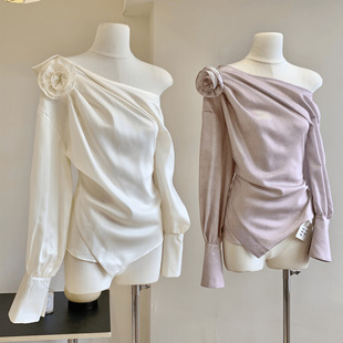 芍药仙子 法式 花朵衬衣 不规则斜襟长袖 衬衫 肩上生花好美呀