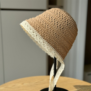 遮陽(yáng)帽針織鏤空女夏季 蕾絲綁帶漁夫帽子女海邊沙灘防曬手工太陽(yáng)帽