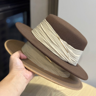 新款赫本风真丝麻蝴蝶结羊毛平顶帽女款秋冬复古平沿礼帽时尚毡帽