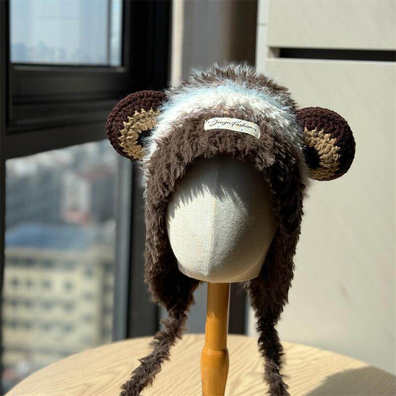 条纹小眼睛护耳帽子女秋冬季保暖