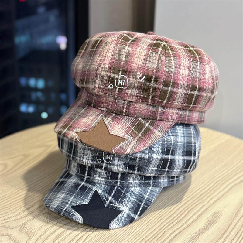 日系复古格纹帽子女宽檐八角帽