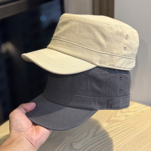 新款欧美风纯色休闲平顶帽简约范水洗布男帽四季时尚透气男士帽子
