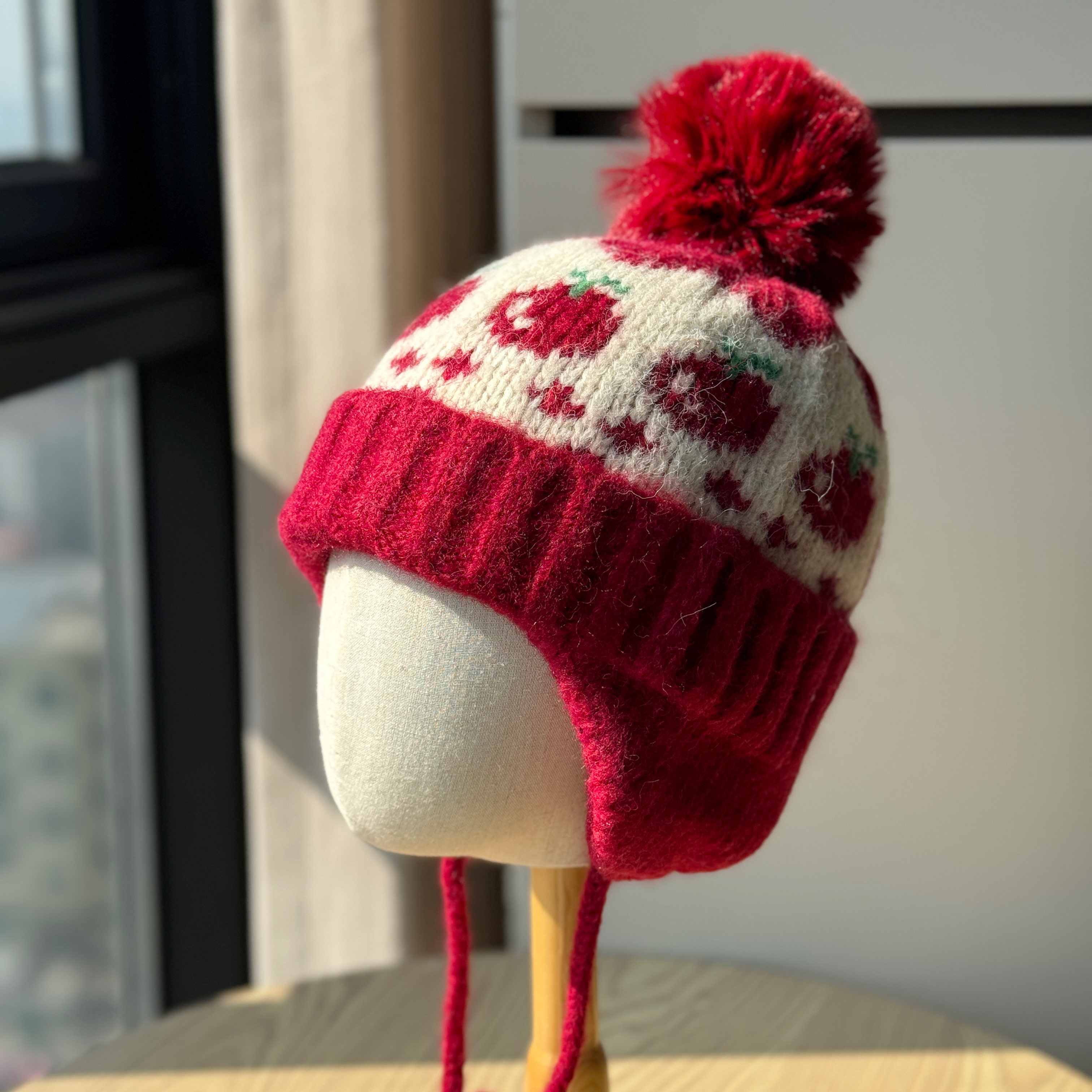 新款帽子女秋冬毛线帽费尔岛圣诞樱桃护耳针织帽小号适合小头围！