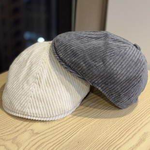 韩版复古条纹灯芯绒前进帽男女秋冬季英伦风报童帽百搭显瘦贝雷帽