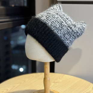 新款可爱猫耳朵包头针织帽子女秋冬季保暖显脸小套头护耳毛线帽潮