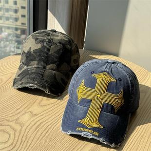 美式十字架软顶棒球帽男款复古做旧破洞个性帽子女士英伦风鸭舌帽