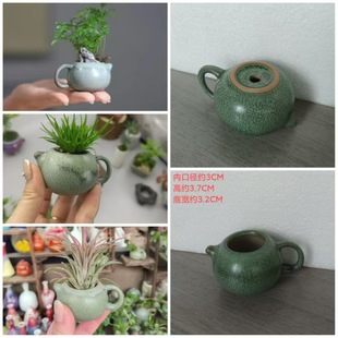 迷你小茶壶西施壶花盆多肉绿植竹柏窑变暗绿盆栽室内台桌粗陶摆件