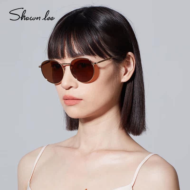 Shawnlee复古茶色圆形墨镜女夏偏光金丝轻奢风防晒太阳镜男韩版潮
