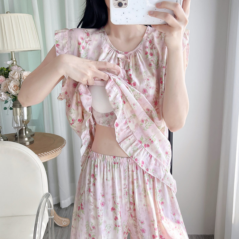 带胸垫无袖短裤棉绸睡衣女