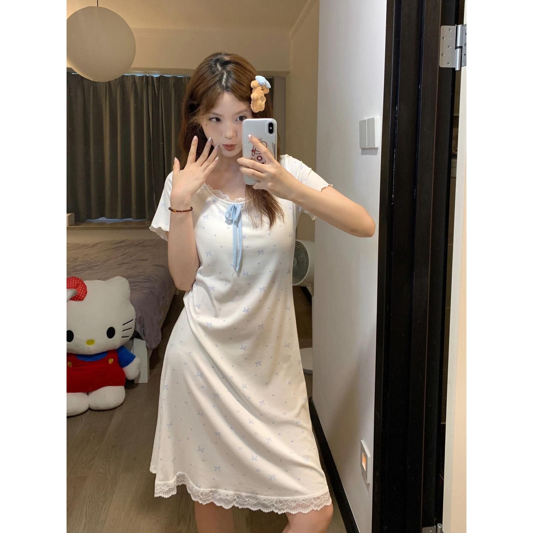 短袖睡裙女夏季新款甜美可外穿蝴蝶结带胸垫中长款睡衣裙家居服