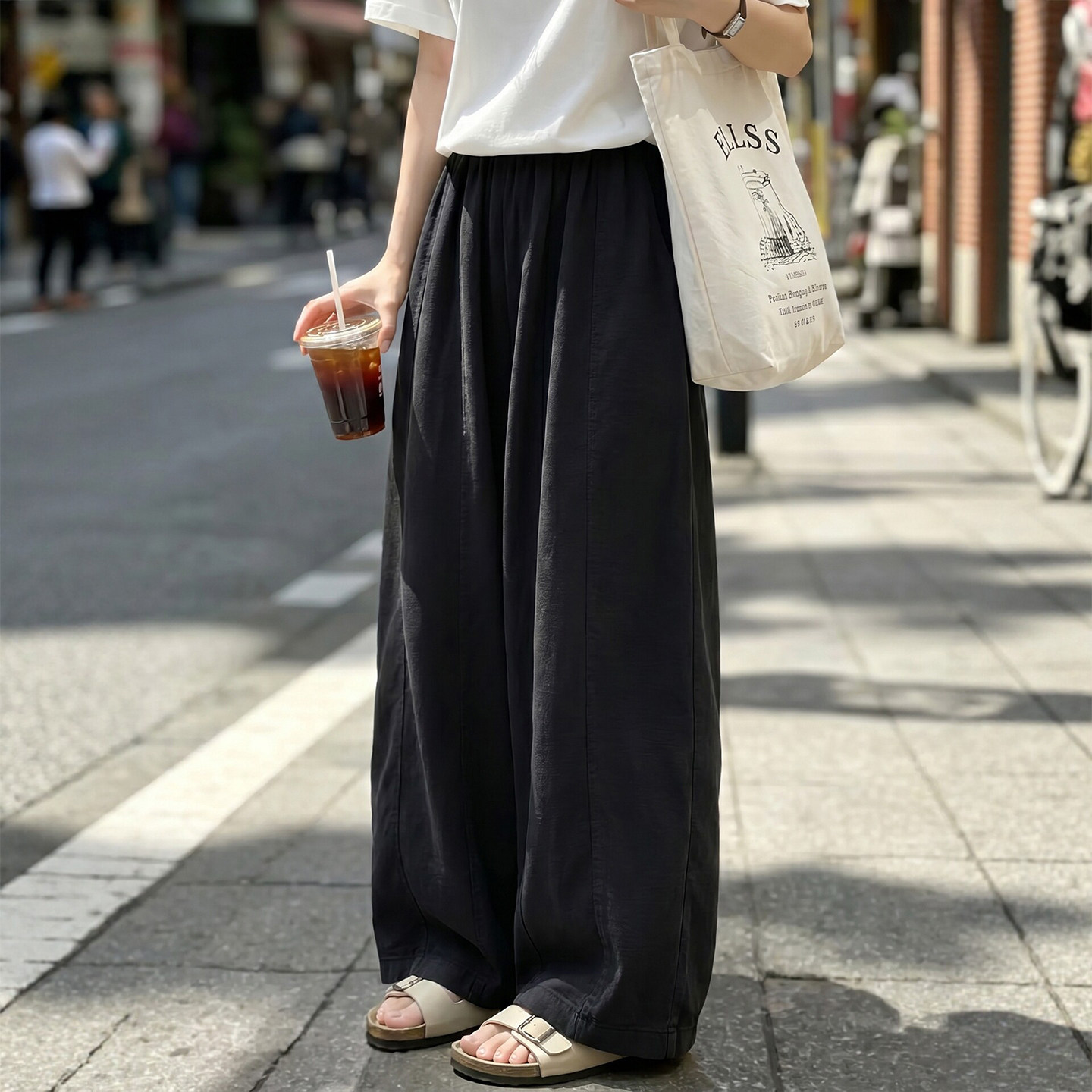 黑色天丝亚麻阔腿裤女夏季薄款2026新款宽松慵懒松弛感休闲弯刀裤