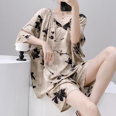 棉绸睡衣女短袖短裤v领家居服