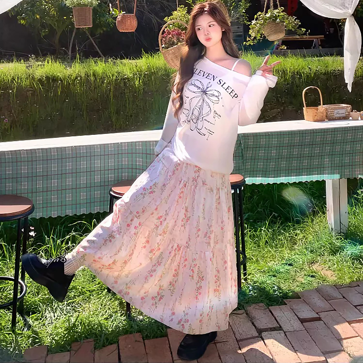 法式复古粉白碎花分层蛋糕裙女2026夏大码显瘦A字雪纺半身半身裙