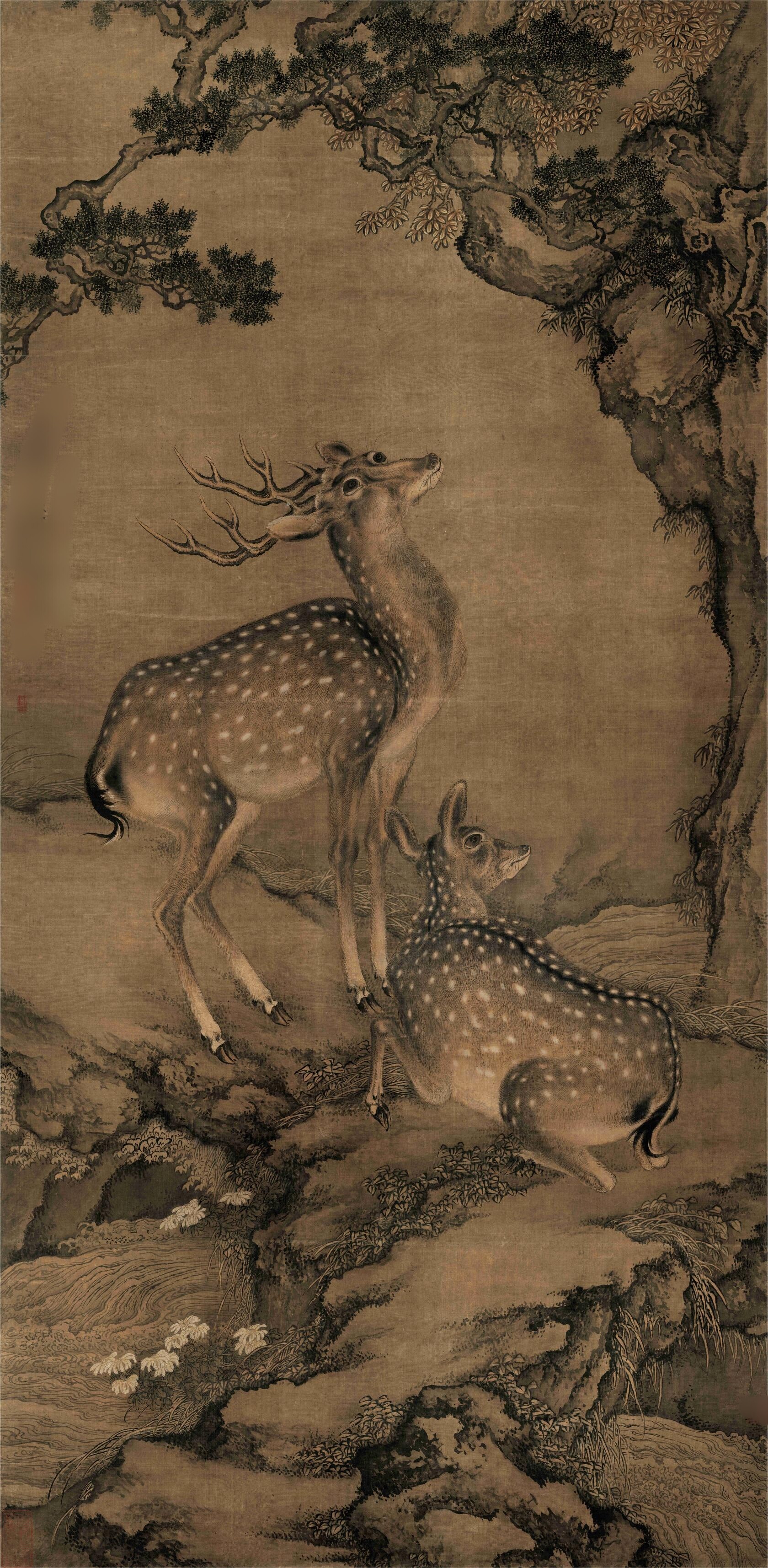 国画工笔花鸟画手绘仿古画壁画玄关客厅鹿鹿同春尺寸66*133可定制