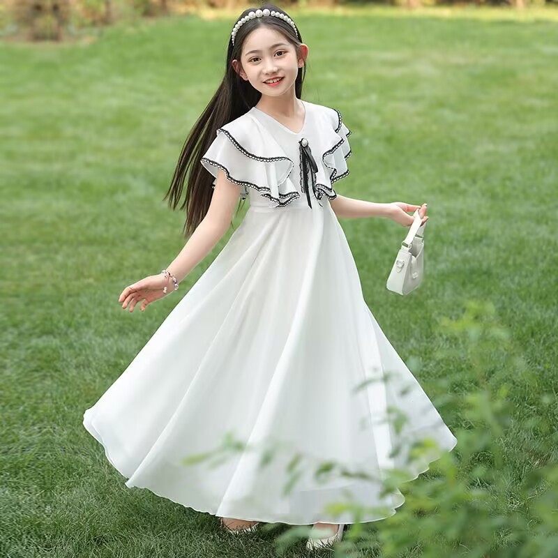女童连衣裙夏季中大童白色过膝长裙夏装长款公主裙礼服裙子
