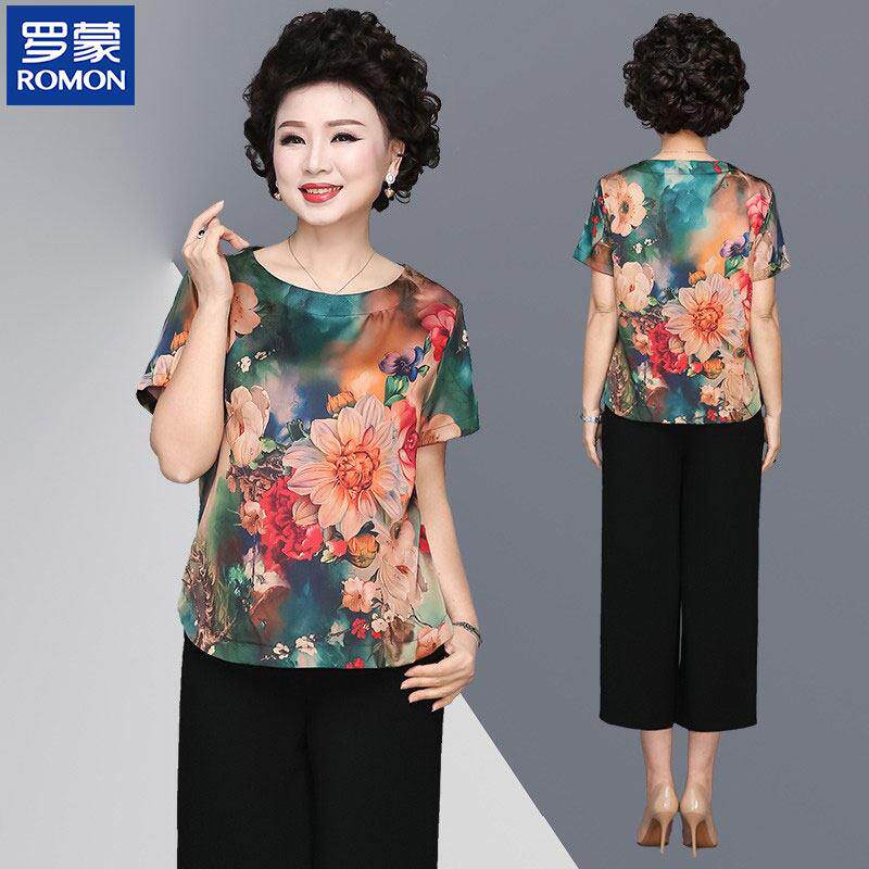 罗蒙妈妈夏装套装中老年人女夏季短袖上衣服老太太奶奶装雪纺上衣