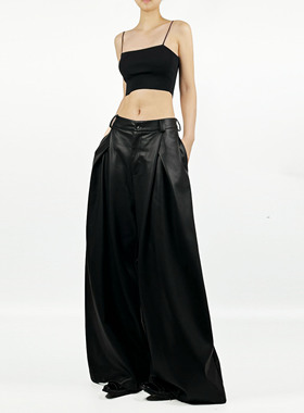 解余 JIEYU 秋冬新款黑色PU皮裤女高腰显瘦小众阔腿拖地长裤子