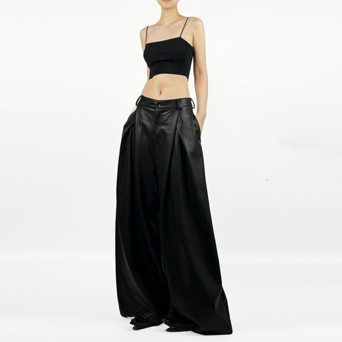 解余小众秋冬PU新款拖地阔腿皮裤