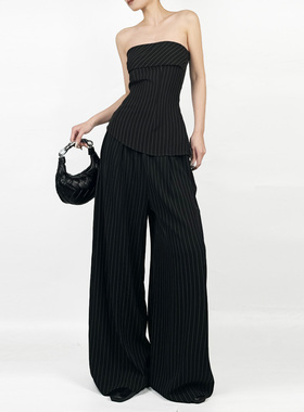 解余 JIEYU  气质条纹抹胸上衣阔腿拖地裤两件套