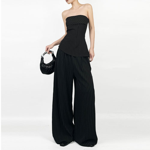 解余 JIEYU  气质条纹抹胸上衣阔腿拖地裤两件套